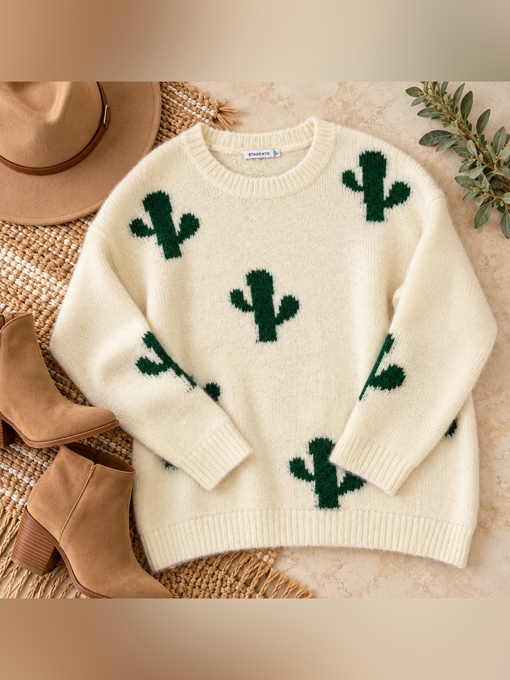 Staccato Cream Crewneck Sweater with Green Cactus Motif